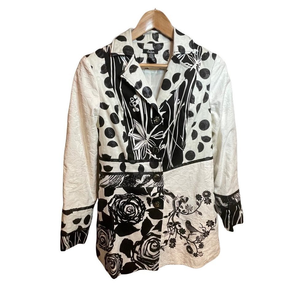 Dalin Mid Length Black and White Cotton Blend Eclectic Patterned Jacket Sz S